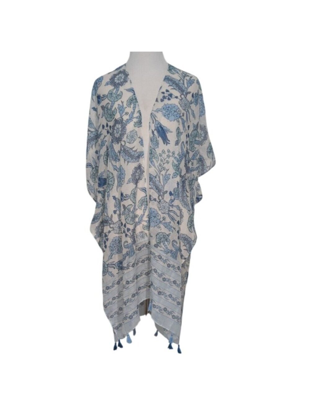 Cato Floral Kimono Womens One Size Blue Lightweight Tassels Festival Beachy
